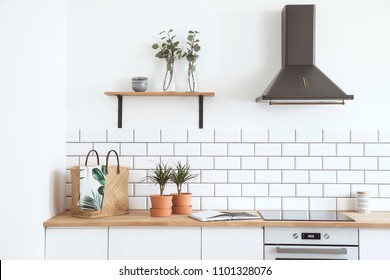 Stylish scandinavian open space with kitchen accessories, plants and sofa. Design room with white walls.