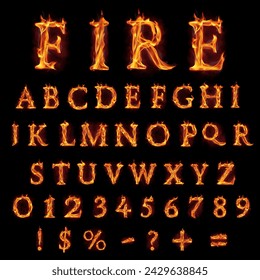 Stylish set of fire alphabet, all letters, numbers and main symbols made of fire flames, with red smoke behind. Hot metal font in flames, isolated on black