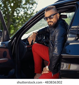 Stylish Sexy Man In A Car Outdoor Fashion Portrait