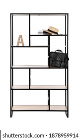 Stylish Shelving Unit With Hat, Bag And Books Isolated On White