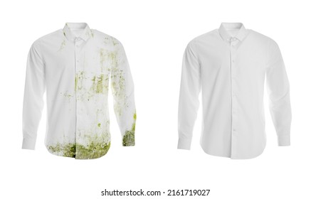Stylish shirt before and after washing on white background, collage. Dry-cleaning service - Shutterstock ID 2161719027