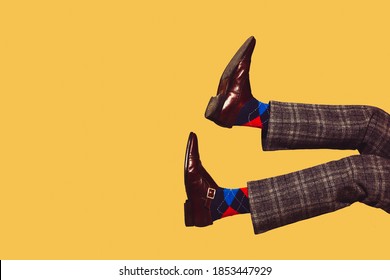 Stylish shoes, outfit. Modern art collage in pop-art style. Legs isolated on trendy colored background with copyspace, contrast. Modern design with copyspace for advertising. Trendy colors.