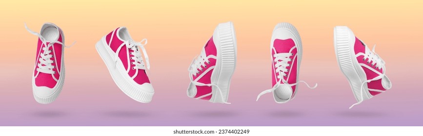 Stylish sneaker in air on gradient color background, view from different sides