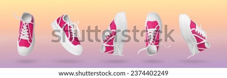 Stylish sneaker in air on gradient color background, view from different sides