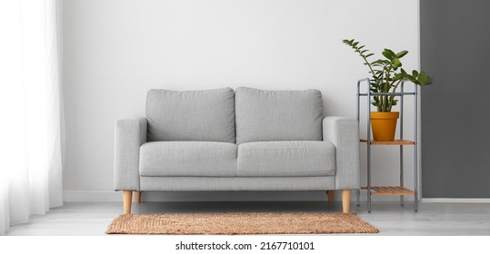 Stylish Sofa And Shelf Unit With Houseplant Near Light Wall