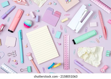 Stylish stationery on pink background. School stationery or office supplies. Workplace organization. Concept back to school.   - Shutterstock ID 2158051063