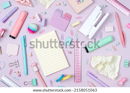 Stylish stationery on pink background. School stationery or office supplies. Workplace organization. Concept back to school.  