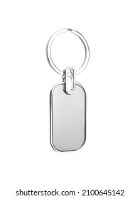 Stylish steel keychain on white background
