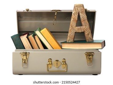 Stylish Storage Trunk With Books And Wooden Letter A Isolated On White