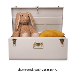 Stylish Storage Trunk With Clothes And Toy Bunny Isolated On White