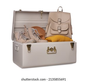 Stylish Storage Trunk With Shoes, Clothes And Backpack Isolated On White