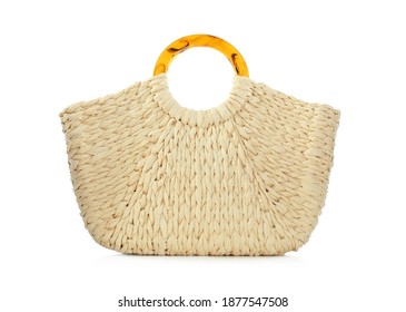 Stylish Straw Bag Isolated On White. Summer Accessory