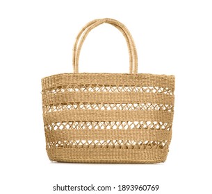 Stylish Straw Bag Isolated On White. Summer Accessory