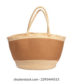 Stylish straw bag isolated on white. Beach object - Shutterstock ID 2395444515