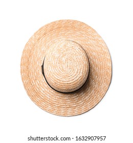 Stylish Straw Hat Isolated On White, Top View