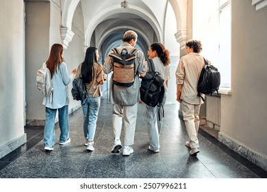 Stylish students are walking along the hall of the university and talking. The students with backs to the camera and are carrying backpacks on their shoulders.The concept of admission, back to school. - Powered by Shutterstock