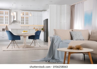 Stylish Studio Apartment Interior With Comfortable Beige Sofa