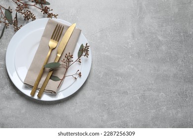 Stylish table setting with cutlery and eucalyptus leaves, top view. Space for text - Shutterstock ID 2287256309