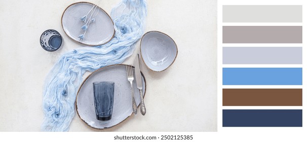 Stylish table setting on light background. Different color patterns