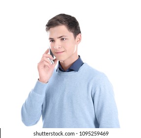 Stylish Teenager Talking On Mobile Phone Against White Background