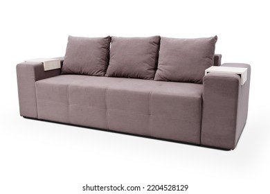 Stylish Three-seater Brown Sofa For Loft Interior Isolated On White Background. Comfortable Folding Sofa With Three Pillows And Removable Wooden Armrests. Advertising Of Furniture.