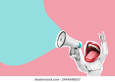 Stylish trendy collage of modern art. Crazy celebrate, announce, information - mouth screams in megaphone. - Powered by Shutterstock