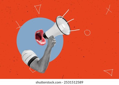 Stylish trendy collage of modern art. Crazy celebrate, announce, information - mouth screams in megaphone.
