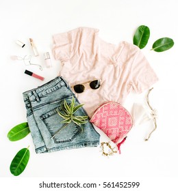 Stylish, Trendy Feminine Clothes And Accessories. Flat Lay, Top View