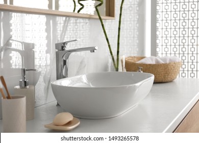 Stylish Vessel Sink Under Mirror In Bathroom. Interior Element