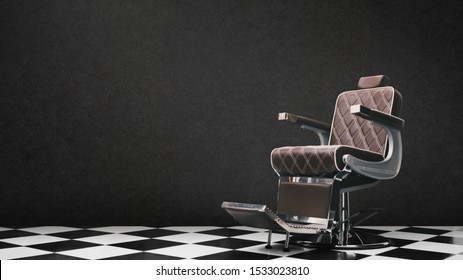 Stylish Vintage Barber Chair Isolated On Grey Background. Barbershop Theme