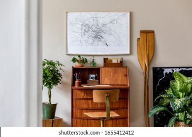 Stylish And Vintage Interior Design Of Living Room With Wooden Retro Commode, Plants, Ships, Paddle, Map And Elegant Personal Accessories. Mock Up Poster Frame On The Wall. Template. Home Decor.