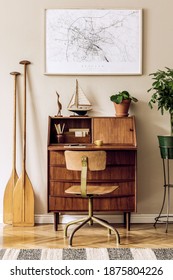 Stylish And Vintage Interior Design Of Living Room With Wooden Retro Commode, Plants, Ships, Paddle, Map And Elegant Personal Accessories. Mock Up Poster Frame On The Wall. Template. Home Decor.