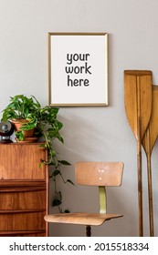 Stylish And Vintage Interior Design Of Living Room With Wooden Retro Commode, Plants, Ships, Paddle, Map And Elegant Personal Accessories. Mock Up Poster Frame On The Wall. Template. Home Decor.