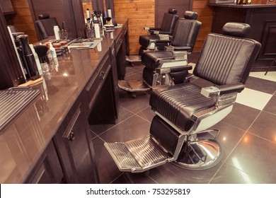 Stylish vintage retro interior with barber shop chair. Barbershop background theme