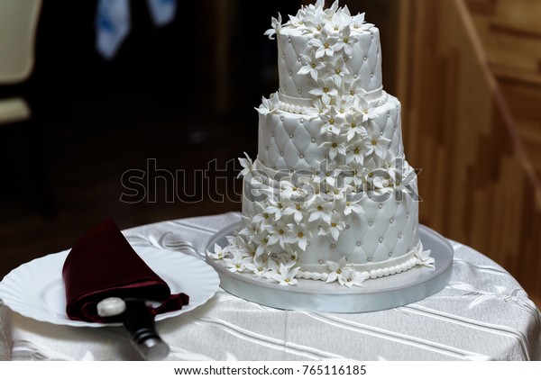 Stylish Wedding Cake Decorated Silver Seastars Stock Photo Edit