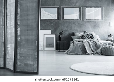 Stylish White And Gray Bedroom With Room Divider And Posters