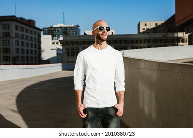Stylish white jumper menrsquo;s streetwear fashion apparel city shoot
