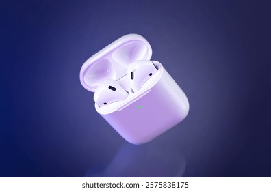 Stylish wireless earbuds elegantly tilted on a transparent blue background. The design radiates a fresh, neon, and futuristic vibe, perfect for modern technology enthusiasts
