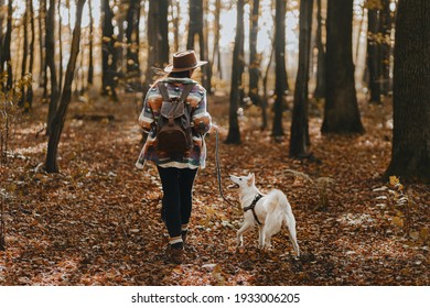 Stylish Woman With Backpack Hiking With Adorable White Dog In Sunny Autumn Woods. Cute Swiss Shepherd Puppy And Owner Female Traveling In Autumn Forest. Space For Text