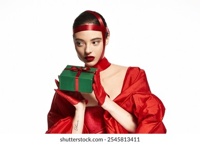 A stylish woman dressed in a vibrant red ensemble presents a beautifully wrapped green gift. - Powered by Shutterstock