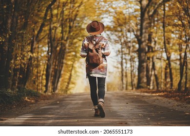 Stylish woman hipster in hat with backpack walking on road in sunny autumn woods. Young female traveler hiking in fall forest, beautiful moment. Travel and wanderlust concept. Back view - Powered by Shutterstock