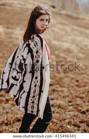 Similar – Image, Stock Photo Blonde girl with hat and hands in the head enjoying relaxed the nature in forest.