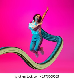 Stylish woman with long fluid flood on gradient background. Negative space to insert your text. Modern design. Contemporary colorful and conceptual bright art collage. Fashion, style concept