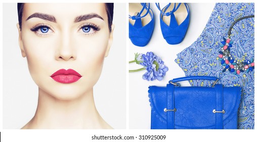 Stylish Woman Outfit In Blue Colors On White Background