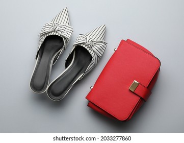 Stylish Woman's Bag And Shoes On Light Background, Flat Lay