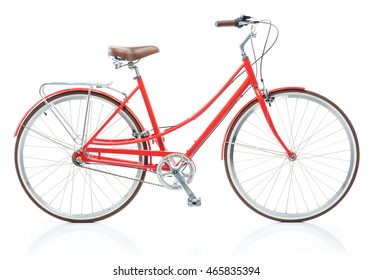 Stylish womens red bicycle isolated on white background