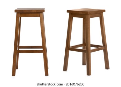 Stylish wooden bar stools on white background, collage