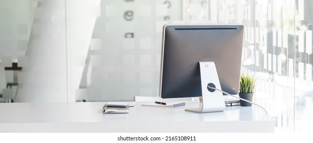 Stylish workspace with desktop computer work desk concept