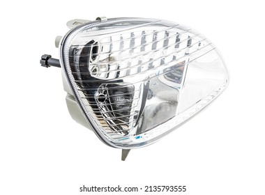 Stylish Xenon Headlight For Truck Or Pickup - Optical Equipment With A Lamp Inside On A White Isolated Background. Spare Part For Auto Repair In A Car Workshop.