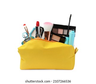 Stylish Yellow Cosmetic Bag With Makeup Products On White Background